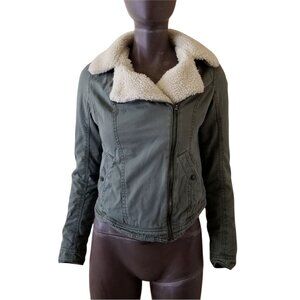 HOLLISTER Malaga Beach Jacket Womens Olive Green Faux Lambs Wool Crop Small